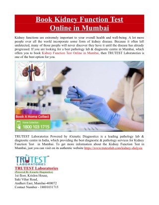 Book Kidney Function Test Online in Mumbai