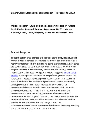 Global Smart Cards Market Growth, Future Prospects and Competitive Analysis 2018