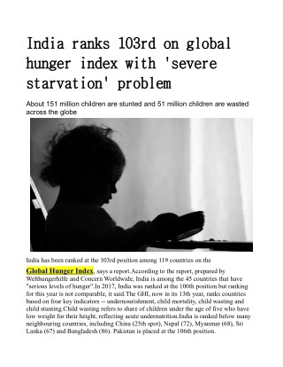 India ranks 103rd on global hunger index with 'severe starvation' problem