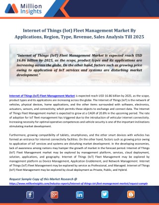 Internet of Things (Iot) Fleet Management Market By Applications, Region, Type, Revenue, Sales Analysis Till 2025