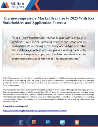 Thermocompressors Market Scenario to 2025 With Key Stakeholders and Application Forecast