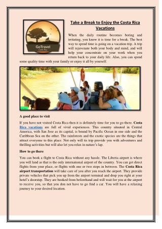 Take a Break to Enjoy the Costa Rica Vacations