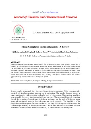 Metal Complexes in Drug Research - A Review