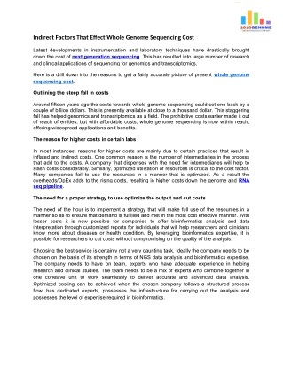 Indirect factors that Effect Whole Genome Sequencing Cost