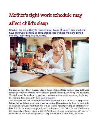 Mother's tight work schedule may affect child's sleep