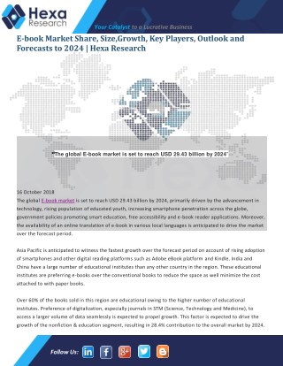 E-book Market - Worldwide Industry Analysis, Size, Share, Growth Analysis, Trends and Forecast 2014 – 2024