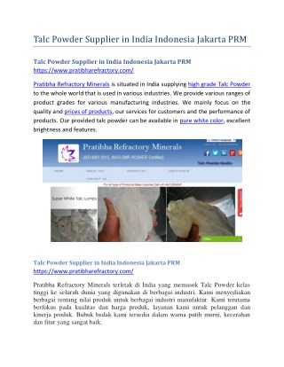 Talc Powder Supplier in India Indonesia Jakarta PRM