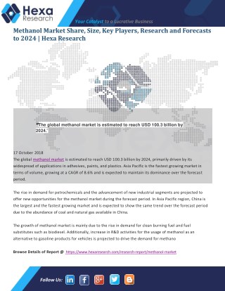 Methanol Market Share, Growth, Trends And Forecast Analysis Report Till 2024