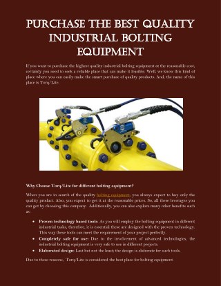 Purchase The Best Quality Industrial Bolting Equipment