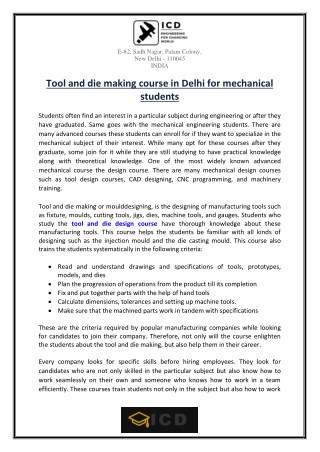 Tool and die making course in Delhi for mechanical students
