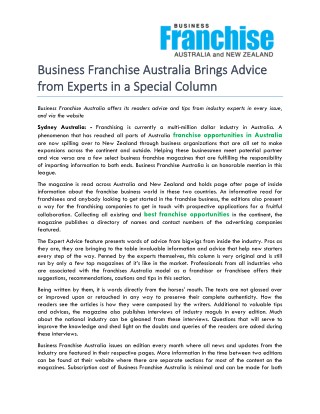 Business Franchise Australia Brings Advice from Experts in a Special Column