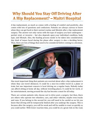 Why Should You Stay Off Driving After A Hip Replacement? - Maitri Hospital