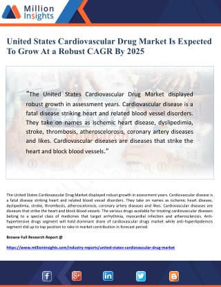 United States Cardiovascular Drug Market Is Expected To Grow At a Robust CAGR By 2025