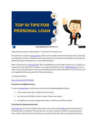 Indian Money Company, Indian Money - Top 10 Tips for Personal Loan