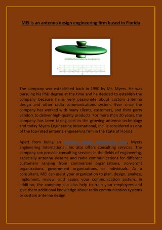 MEI is an antenna design engineering firm based in Florida