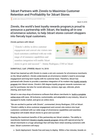 3dcart Partners with Zinrelo to Maximize Customer Retention and Profitability for 3dcart Stores