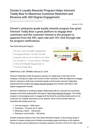 Zinrelo’s Loyalty Rewards Program Helps Vermont Teddy Bear to Maximize Customer Retention and Revenue with 360 Degree En