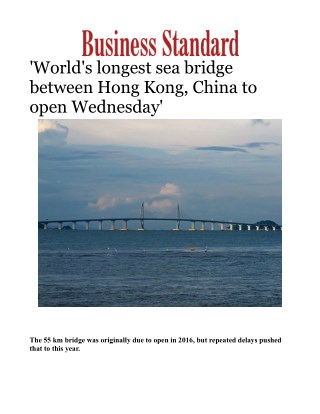 World's longest sea bridge between Hong Kong, China to open Wednesday' 