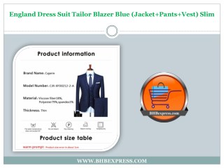 England Dress Suit Tailor Blazer Blue (Jacket Pants Vest) Slim
