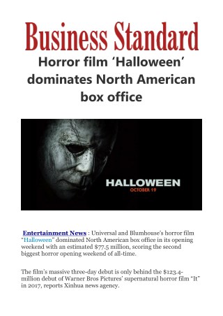  Horror film 'Halloween' dominates North American box office