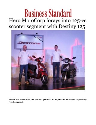 Hero MotoCorp forays into 125-cc scooter segment with Destiny 125