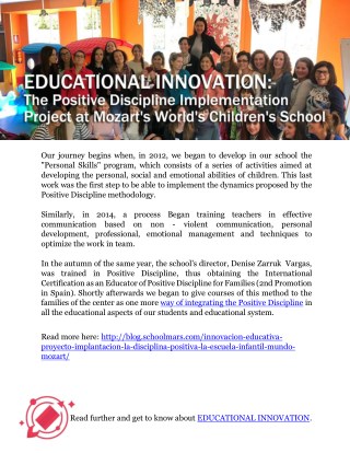 EDUCATIONAL INNOVATION: The Positive Discipline Implementation Project at Mozart's World's Children's School