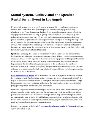 Sound System, Audio visual and Speaker Rental for an Event in Los Angels