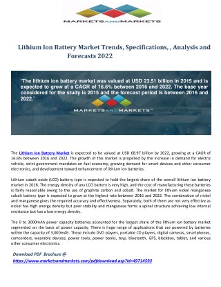 Lithium Ion Battery Market Trends, Specifications, Manufacturing, Analysis and Forecasts 2022