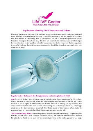 Top factors affecting the IVF success and failure