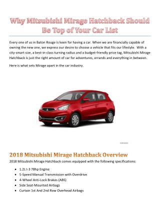 Why Mitsubishi Mirage Hatchback Should Be Top of Your Car List