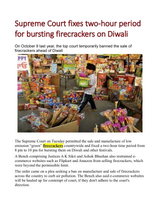 Supreme Court fixes two-hour period for bursting firecrackers on Diwali