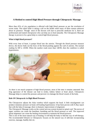 A Method to control High Blood Pressure through Chiropractic Massage