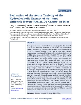 Evaluation of the Acute Toxicity of the Hydroalcoholic Extract of Solidago chilensis Meyen (Arnica Do Campo) in Mice