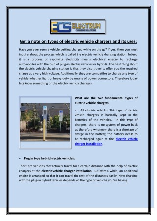 Get a note on types of electric vehicle chargers and its uses