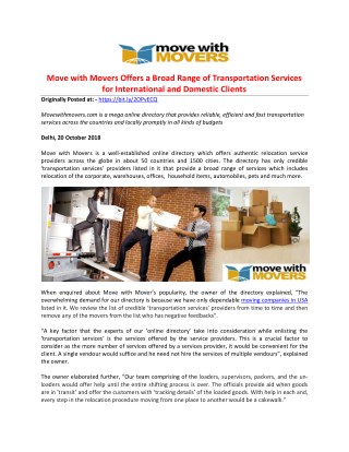 Move with Movers Offers a Broad Range of Transportation Services for International and Domestic Clients