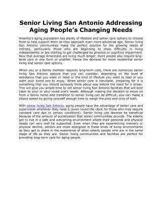 Senior Living San Antonio Addressing Aging People’s Changing Needs