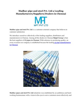 Madhav pipe and steel Pvt. Ltd a Leading Manufacturers/Suppliers/Dealers in Chennai