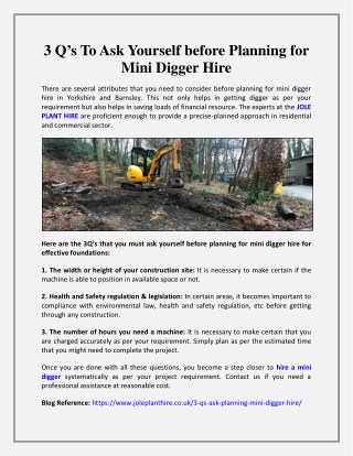 3 Q’s To Ask Yourself before Planning for Mini Digger Hire
