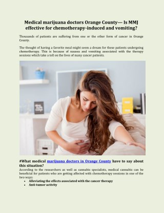 Medical marijuana doctors Orange County— Is MMJ effective for chemotherapy-induced and vomiting?