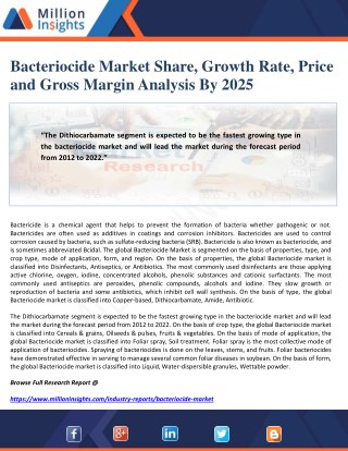 Bacteriocide Market Share, Growth Rate, Price and Gross Margin Analysis By 2025