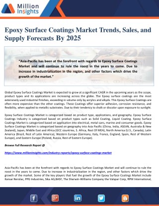 Epoxy Surface Coatings Market Trends, Sales, and Supply Forecasts By 2025