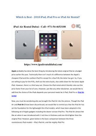 Which is Best - 2018 iPad, iPad Pro or iPad Air Rental?