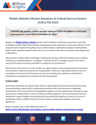 Mobile Robotics Market Summary & Critical Success Factors (CSFs) Till 2020
