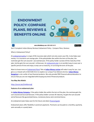 Don’t Complaint Indian Money Reviews Endowment Policy - Compare Plans, Reviews