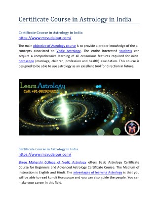 Certificate Course in Astrology in India