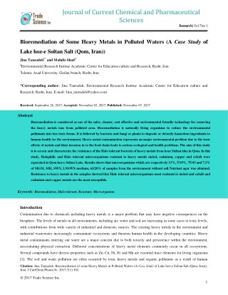 Bioremediation of Some Heavy Metals in Polluted Waters (A Case Study of Lake hoz-e Soltan Salt (Qom, Iran))