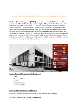 Important Dates For MBA & MBA Executive Program - LM Thapar School Of Management