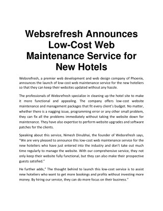 Websrefresh Announces Low-Cost Web Maintenance Service for New Hotels