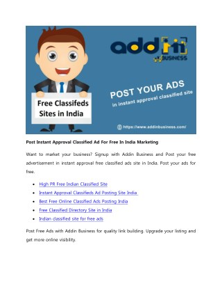 Post Instant Approval Classified Ad For Free In India Marketing