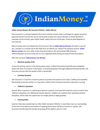 Indian money Review Life Insurance Policies –Indian Money